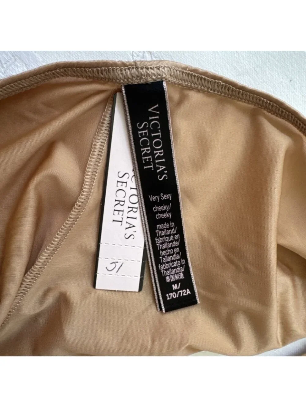 VICTORIA'S SECRET M DREAM ANGELS NUDE GOLD SILKY & LACE CHEEKY THONG PANTIES NWT